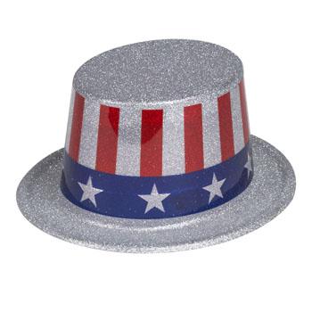 Hat Patriotic Glitter Tophat Plastic 10 inches Stars N Stripes