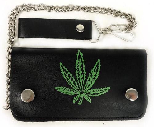 Wholesale Green Marijuana Leaf Leather Biker wallet with chain