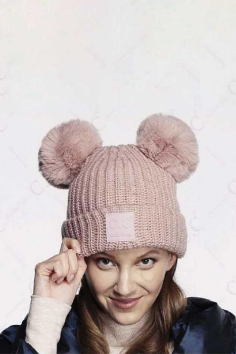 CC DOUBLE POM BEANIE WITH RUBBER PATCH