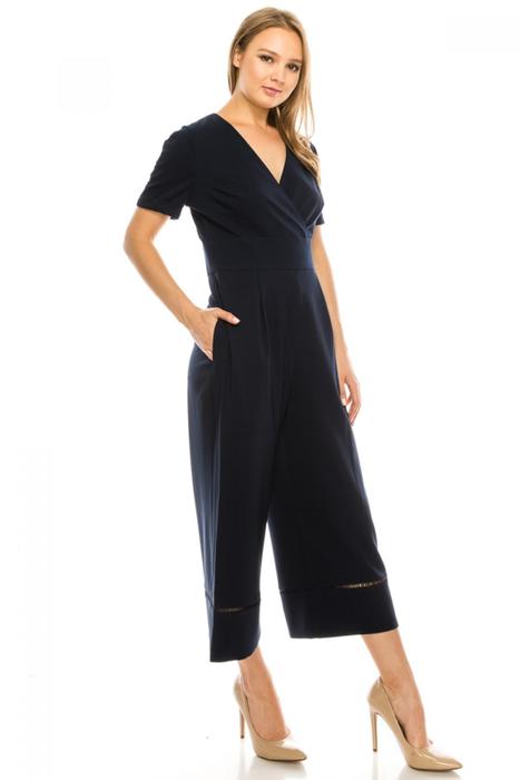 Maggy London Navy Short Rolled Sleeve Surplice Midi Jumpsuit