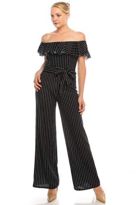 BeBe Navy Off the SHoulder Flounce Striped Belted Jumpsuit