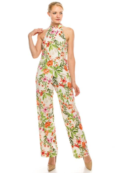 BeBe Floral Printed Mock Halter Wide Leg Jumpsuit