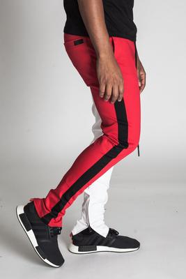 TWO-TONE ANKLE ZIP TWILL PANT - WHITE/RED