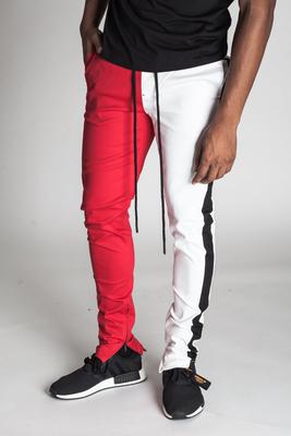 TWO-TONE ANKLE ZIP TWILL PANT - WHITE/RED