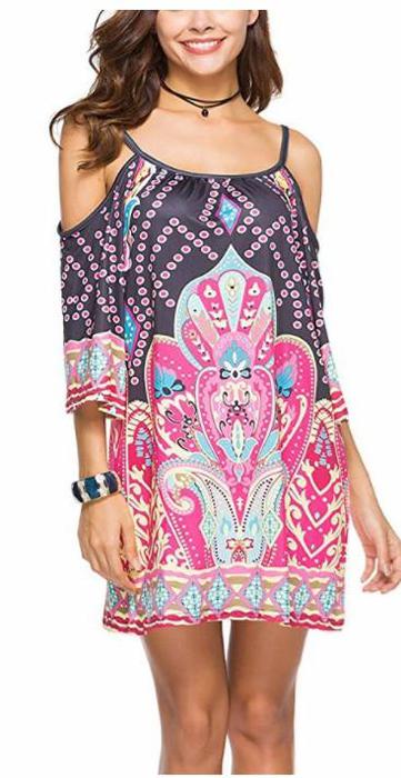 Women's Bohemian Ethnic Spaghetti Sundress 3/4 Sleeve Cold Shoulder
