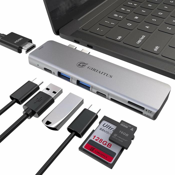 USB C Hub, 7-in-2 Type C Multiport Adapter with 4k USB-C to HDMI, 60W PD Charging Port, USBC 5Gbps Data, microSD/SD Reader, 2 USB 3.0