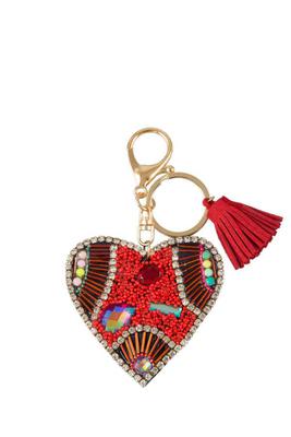 Beads and Rhinestone Decorated Heart Shape Keychain with Tassel
