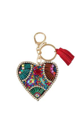 Beads and Rhinestone Decorated Heart Shape Keychain with Tassel