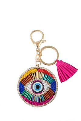 Beads and Rhinestone Decorated Evil Eye Keychain with Tassel