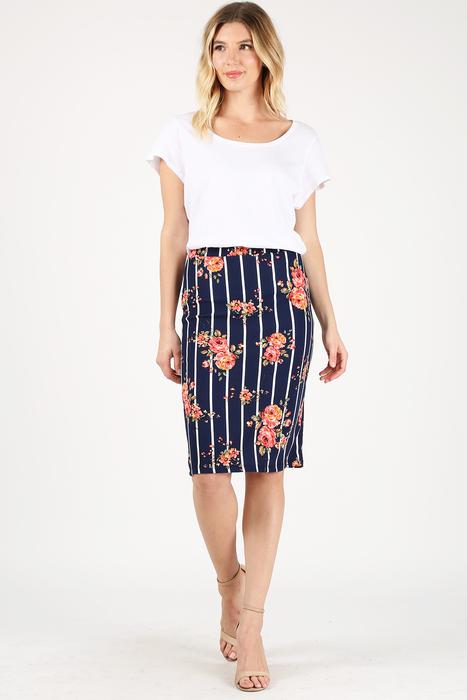 Floral-Stripe high waist knee-length