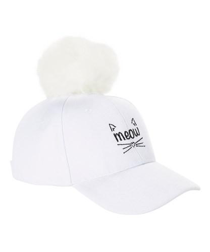 White 'Meow' Pom Pom Cap