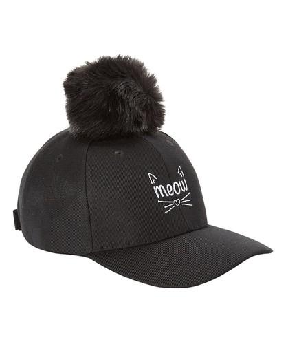 Black 'Meow' Pom Pom Cap