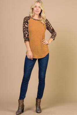 SOLID LONG SLEEVE ROUND NECK TOP WITH PLAIDS SLEEVES