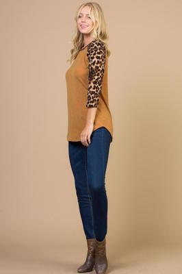 SOLID LONG SLEEVE ROUND NECK TOP WITH PLAIDS SLEEVES