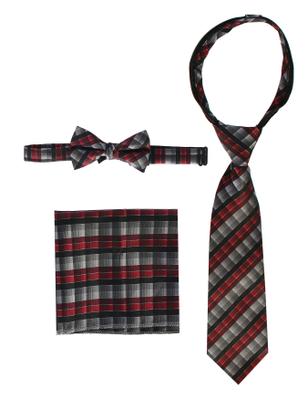 Wholesale Boys Plaid Zipper Neck Tie, Bow Tie, and Pocket Square Set  # CTS