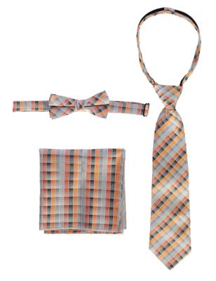 Wholesale Boys Plaid Zipper Neck Tie, Bow Tie, and Pocket Square Set  # CTS