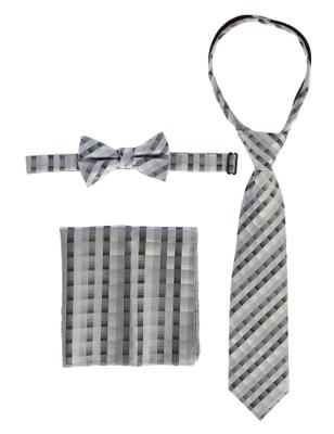 Wholesale Boys Plaid Zipper Neck Tie, Bow Tie, and Pocket Square Set  # CTS