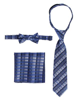 Wholesale Boys Plaid Zipper Neck Tie, Bow Tie, and Pocket Square Set  # CTS