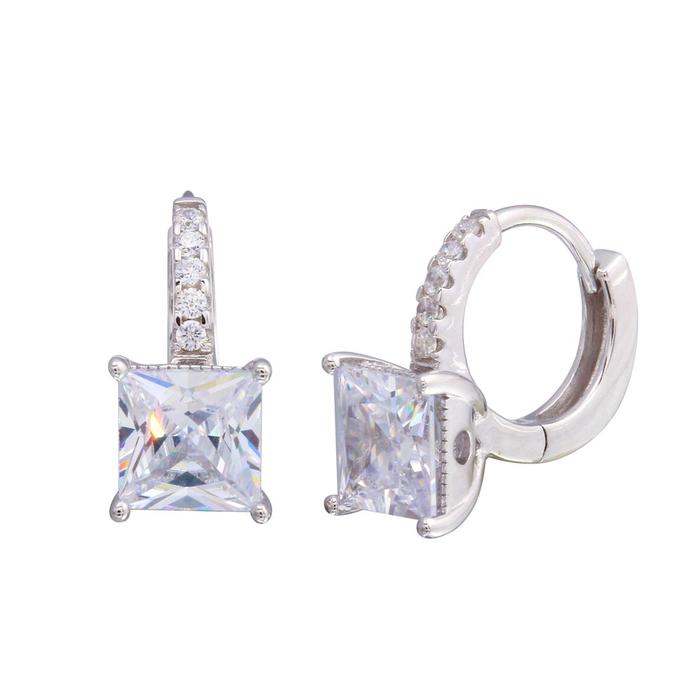 Wholesale Sterling Silver 925 Rhodium Plated Dangling Square CZ Disc Huggie Earrings - STE01214