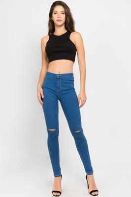 HIGH RISE KNEE SLIT SKINNY PANTS