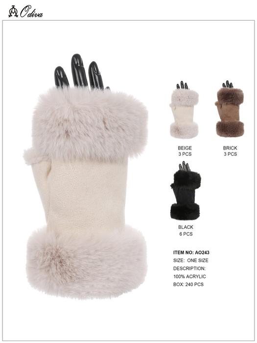 One Dozen Assorted Faux Fur Trimmed Fingerless Mitten Solid Colors