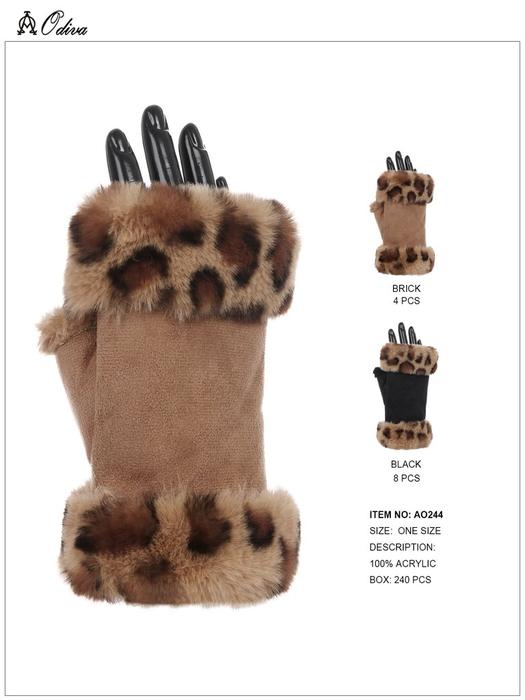 One Dozen Assorted Faux Fur Trimmed Fingerless Mitten Leopard