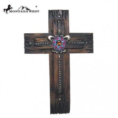 RSD-148 Montana West Western Wooden Cross with Floral Fleur De Lis 22"