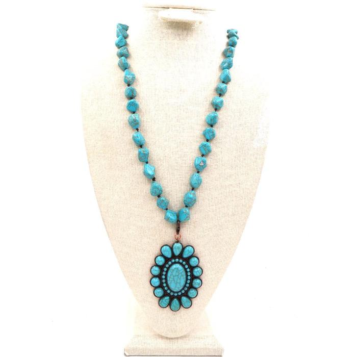 NKS190203-02 BLU-TURQ/CPR Blue turquoise bead knotted necklace with blue-turquoise copper plated oval flower shaped pendent
