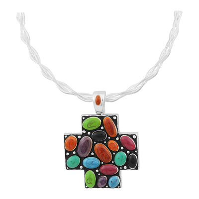 THE COLORFUL STONE CROSS PENDANT NECKLACE | WIDE