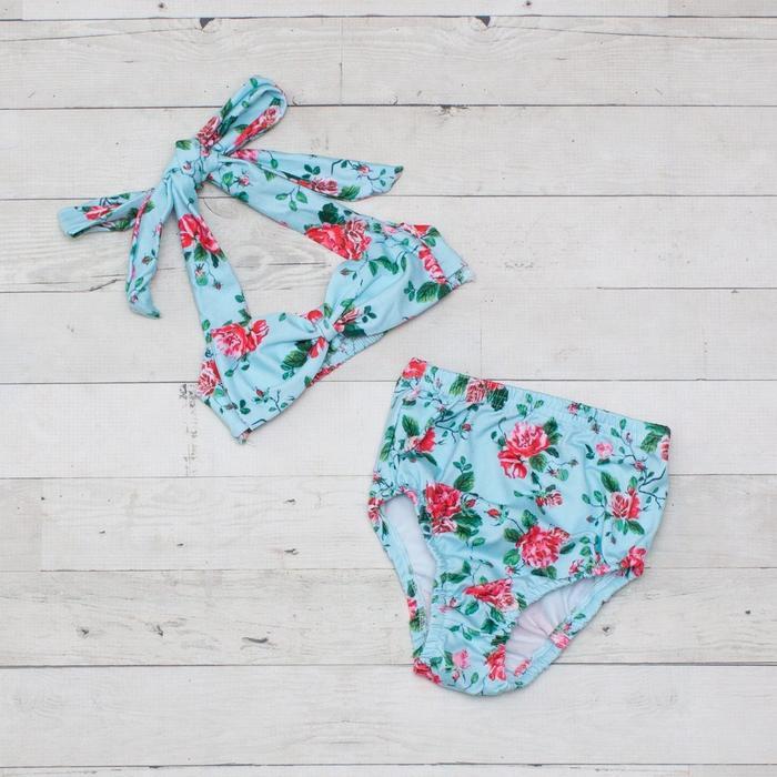 Light Blue with Pink Flowers Two Piece Swimsuit