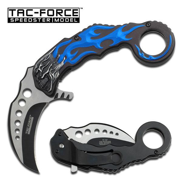 Black Blade Blue Skull Karambit EDC Spring Assisted Folding Knife