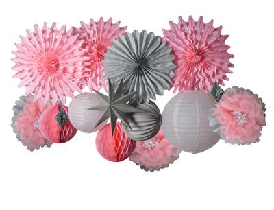 Pink Grey Paper Flower Accordion Lantern Pinwheel Fan Party Decoration kit