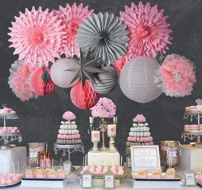 Pink Grey Paper Flower Accordion Lantern Pinwheel Fan Party Decoration kit