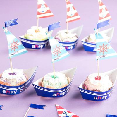 Nautical Party AHOY ocean theme Cupcake Toppers for Baby Boy Birthday