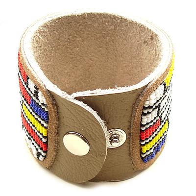 Handmade multicolored Seed Beaded leather Soft Cuff Bracelet B39/4 [B-39-SB-9]