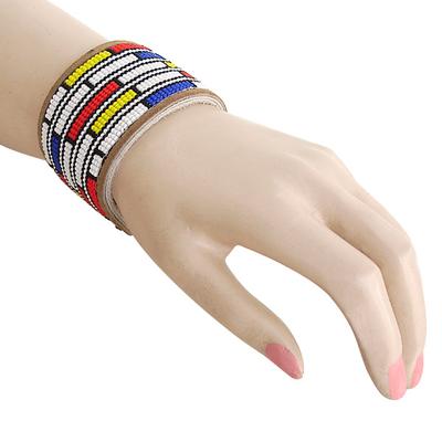 Handmade multicolored Seed Beaded leather Soft Cuff Bracelet B39/4 [B-39-SB-9]