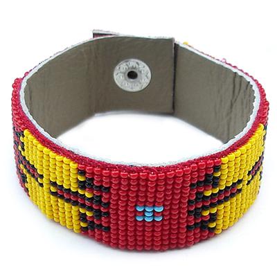 Handmade Red yellow Seed Beaded Soft leather Cuff Bracelet B39/10 [B-39-SB-10]