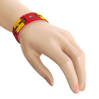 Handmade Red yellow Seed Beaded Soft leather Cuff Bracelet B39/10 [B-39-SB-10]
