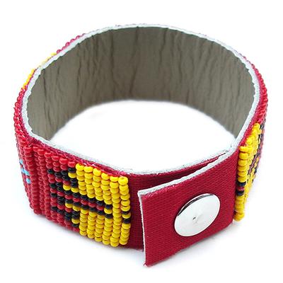 Handmade Red yellow Seed Beaded Soft leather Cuff Bracelet B39/10 [B-39-SB-10]