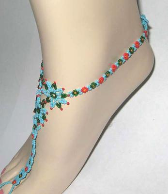 Green Seed Beads Beaded Barefoot Anklet Flower Beadwork A6/4 [A-6-SB-4]