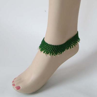 Dark Green Seed Beaded Stretchable Anklet Handmade A16/5 [A-16-SB-5]