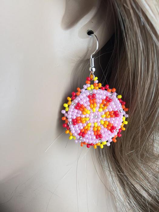 Handmade Beaded Cute Round Pink earrings [E-60-SB-28]