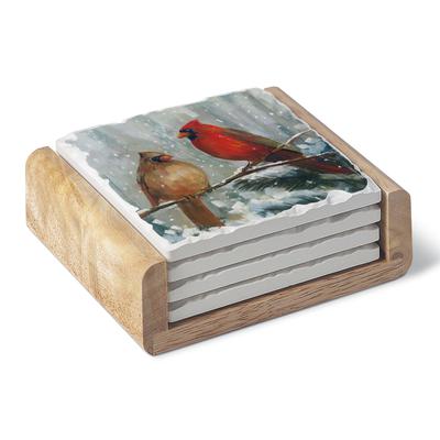 Winter Birds-4pk Square Coaster Set w/Holder-Single Image