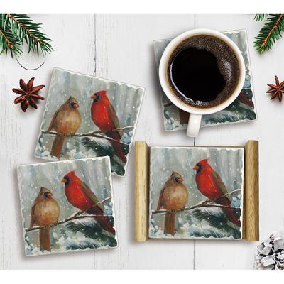 Winter Birds-4pk Square Coaster Set w/Holder-Single Image