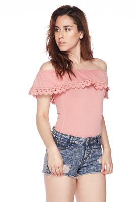 Lace Trim Accent Off Shoulder Flounce Bodysuit