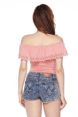 Lace Trim Accent Off Shoulder Flounce Bodysuit