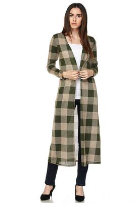 PLUS Open Front Checkered Print Knit Cardigan