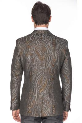 Porto Filo Mens Dress Suit Jacket Floral Luxury Jacquard Blazer (Brown/Gold)