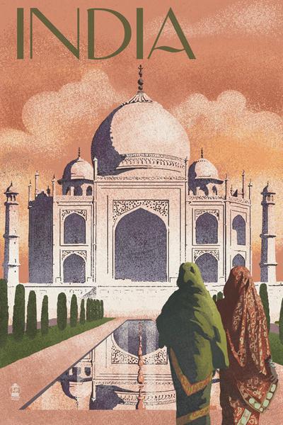 Taj Mahal, India - Lithograph Style - Lantern Press Artwork