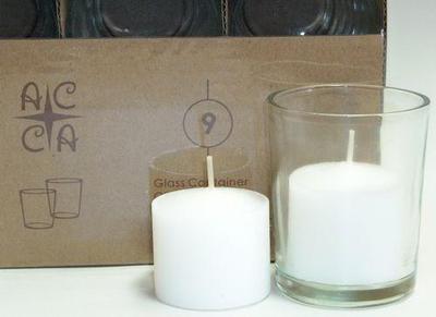 9 Clear Glass Votive holders with Ten Hour White Votive Candles
